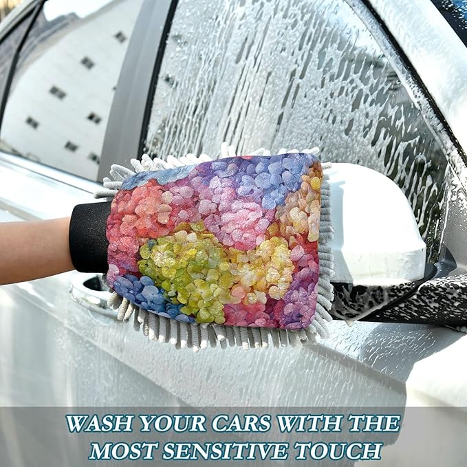 Car Wash Mitt Microfiber Wash Mitts for Car Washing Scratch-Free Cleaning Gloves Soft Non Absorbent Chenille Auto Hand Mitt Medium 2Pack Colorful Hydrangea
