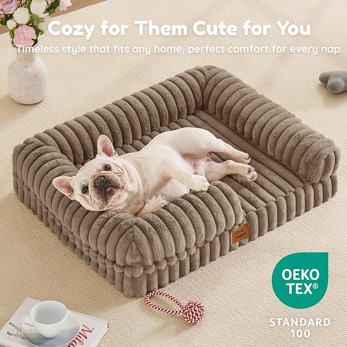 ChiXnuggle Orthopedic Dog Bed with Bolster Sides for Sleeping, Fluffy Plush Rectangular Dog Bed Medium Sized Dog, Luxury Striped Faux Fur Waterproof Dog Couch with Removable Washable Cover, Taupe
