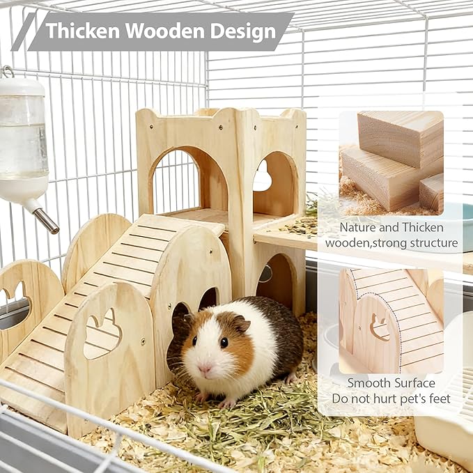 Rabbit Castle Large Guinea Pig Hideout Thicken Solid Wooden Bunny House with Ramp,Rabbit Playhouse for Chinchilla,Hamster,Small Animal Houses & Habitats(Set of 2)