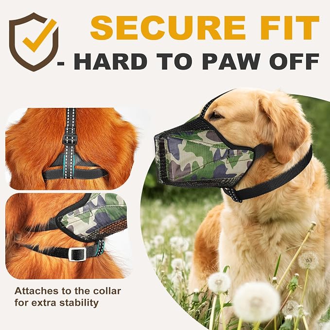 Mesh Dog Muzzle, Breathable Soft Dog Muzzle with Reflective Straps for Secure Fit, Prevents Biting, Chewing Scavenging- Adjustable for Small Medium Large Dogs,Camo,S