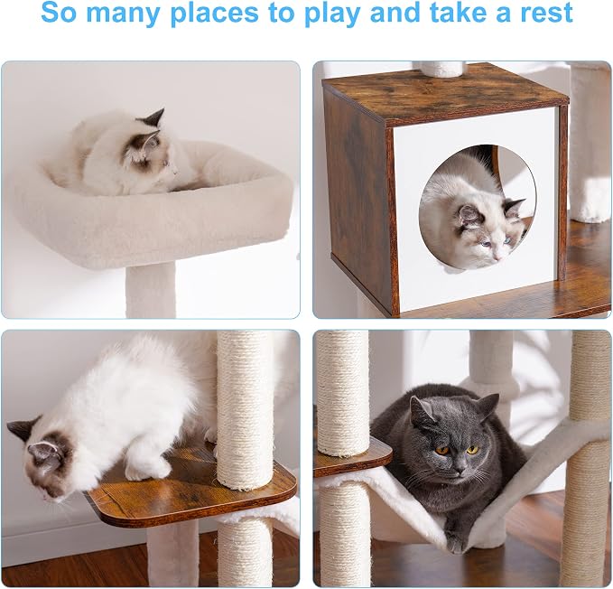 Hey-brother Wooden Cat Tree, 66.1“ Cat Furniture with Scratching Posts, Modern Cat Tower with hammocks, Toys, cat condo, Rustic Brown MPJ120SR