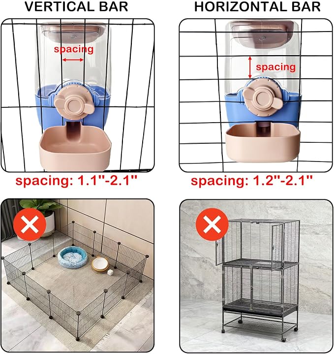 Rabbit Water Bottle, 34oz Pet Hanging Water Dispenser, Cat Water Feeder for Small Animal Ferret Guinea Pig Chinchilla Small Dog Cage Grid Spacing 1.2''-2.1'' (Blue&Pink)