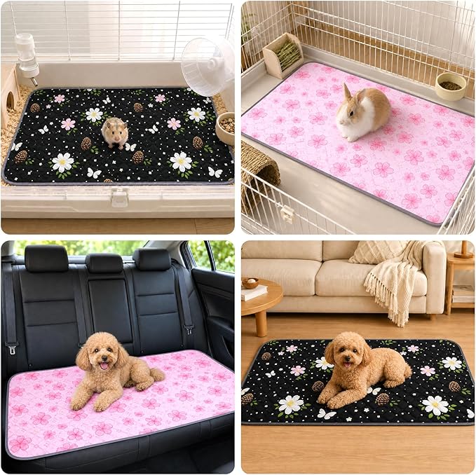 Guinea Pig Cage Liner 2 Pack Super Absorbent Washable Guinea Pig Pee Pads Waterproof Reusable Anti Slip Bedding Pee Pad Mat for Rabbit Bunny Rat Cat (Flowers, 48" x 24" (2 Pack))