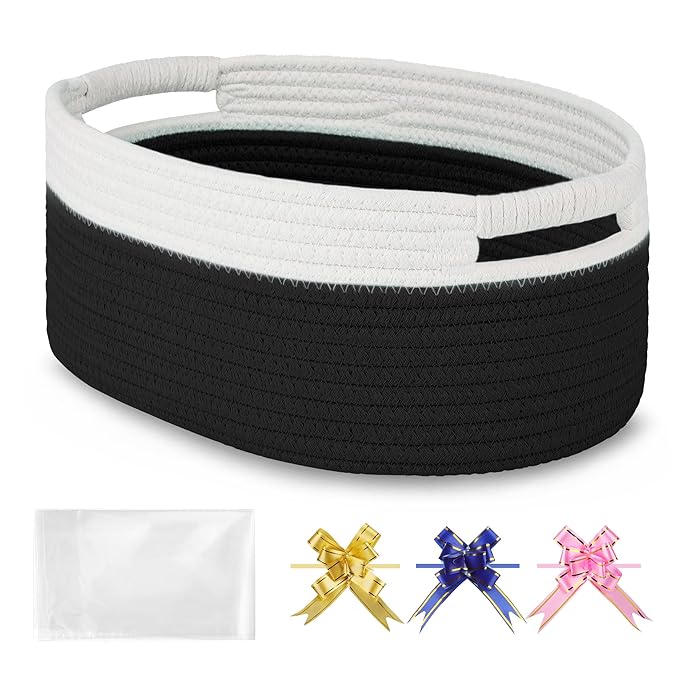 Small Woven Basket with Gift Bags and Ribbons, Empty Baby Gift Baskets for Kids Women Men, Shelf Storage, Small Cat Dog Pet Toy Boxes, 13”x 9”x 5.5”, Black