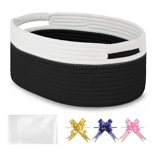 Small Woven Basket with Gift Bags and Ribbons, Empty Baby Gift Baskets for Kids Women Men, Shelf Storage, Small Cat Dog Pet Toy Boxes, 13”x 9”x 5.5”, Black