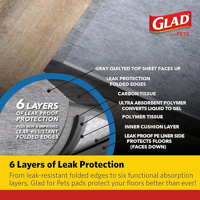 Glad for Pets XL Charcoal Training Pads, Activated Carbon Odor Control with Heavy Duty Leak-Resistant Layers, Quick-Dry Quilted Top Surface, Indoor Potty and Crate Liner, 24 x 24 in, 30 Count - 8 Pack