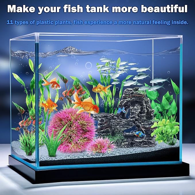 QUOZUO Fish Tank Accessories Aquarium Plants, 10pcs Colorful Fish Bowl Ornaments Plants and Rock Cave Decor Set, Aquarium Decor