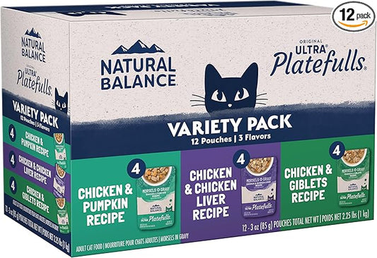 Natural Balance Platefulls Variety Pack - Chicken Morsels in Gravy Wet Cat Food, Chicken Cat Food Variety Pack, 3 oz., Case of 12