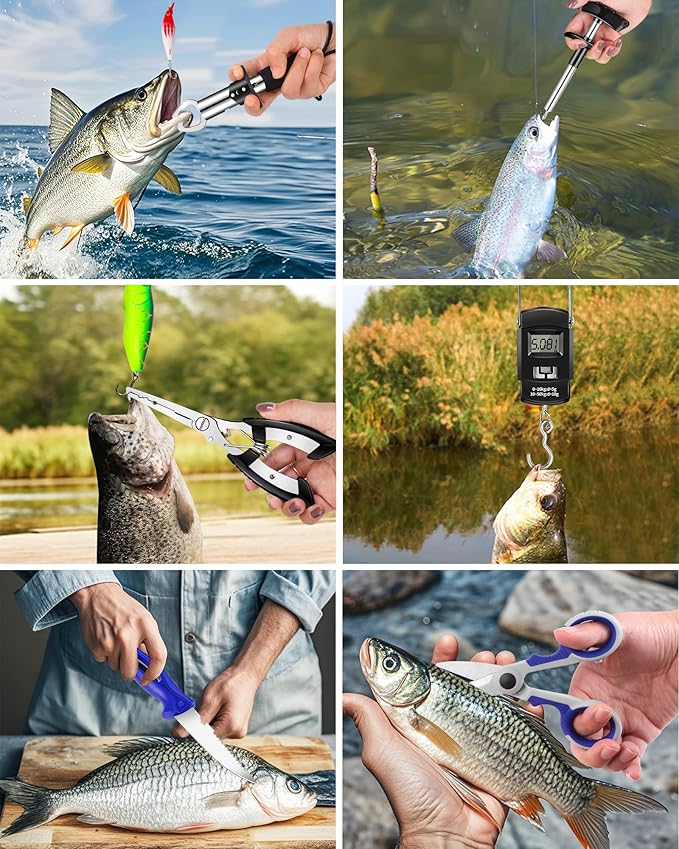 Fishing Tool Kit - Fishing Pliers, Hook Remover, Fish Gripper，Fish Scale, Fish Knife, Saltwater Fishing Gear with Sharpeners, Best Gifts for Men