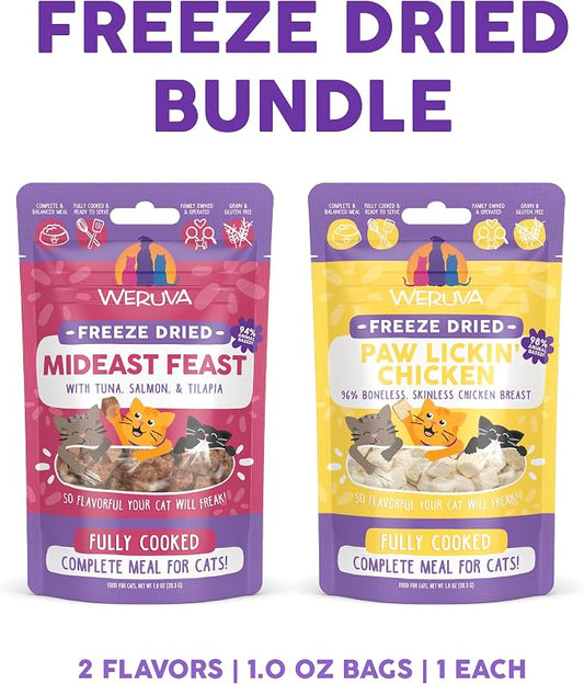 Bundle of Weruva Cat Freeze Dried Foods, Mideast Feast with Tilapia, and Paw Lickin' Chicken with Chicken Breast, 1oz Bags