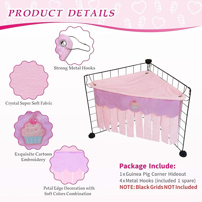 Guinea Pig Hideout, Cute Guinea Pig Corner Fleece Forest Hideaway 3-Side Curtain, Rabbit Hammock Toy and House Bed for Bunny, Ferret, Rat, Chinchilla and Small Animal Cage Accessories (Pink)