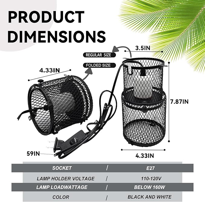 kathson Retractable Reptile Heat Lamp Guard,Reptile Anti-Scald Mesh Cage Protection Lampshades with Thermometers,Ceramic Heat Emitter Lamp Fixture Holder for Snake Lizard Turtle Frog,Without Bulb