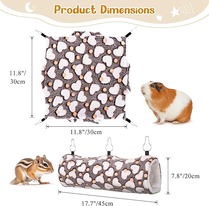 Mogoko Noctilucent Luminous Brown Guinea Pig Rat Hammock Bunkbed Hanging Tunnel and Soft Bed Mat for Ferret Hedgehog Squirrel Hideout Cage Accessories (Tunnel and Bunkbed Hammock)