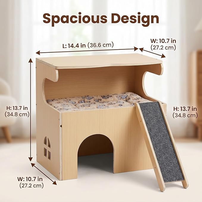 Quazara Guinea Pig Hideout, 2-Tier Thickened Natural Wood Chew Resistant Small Animal House, Pet Shelter with Ramp & Washable Cushion, 10-Min Assembly with Screwdriver, for Guinea Pigs,Hamster