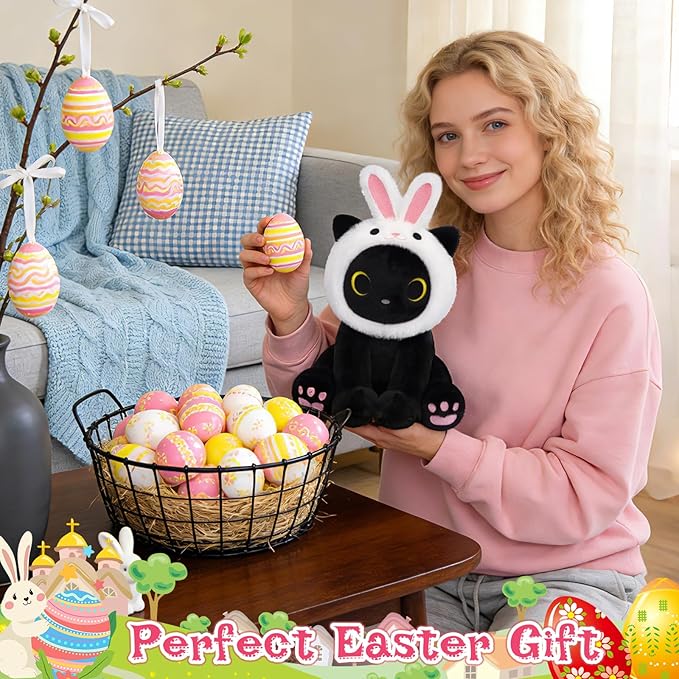 Black Cat Plush with Removable Bunny Hood, Cute Stuffed Animal Kawaii Soft Toy for Kids Toddlers, Birthday Gift for Boys Girls, Party Favors