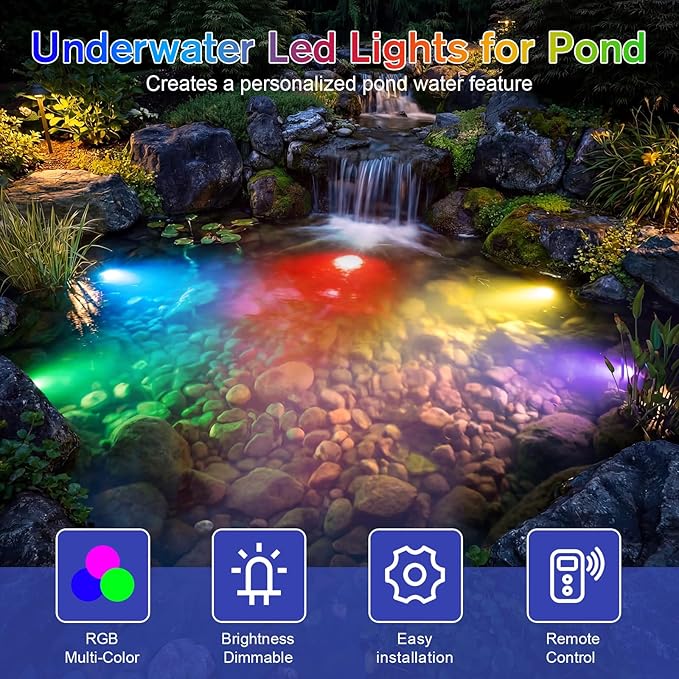 POPOSOAP 6-Head RGB Underwater Pond Lights, IP68 Waterproof LED Lights with Remote Control, Timer & Memory Function Fountain Lights for Pond Fountain Waterfall Aquarium Pool Outdoor Decoration