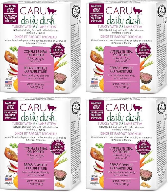 Caru - Daily Dish Turkey & Lamb Stew - for Dogs - Supports Overall Pet Health - Wet Dog Food/Meal Topper - Human Grade Ingredients - Grain, Corn & Soy Free - Non-GMO - Made in USA - 12 oz - Pack of 4