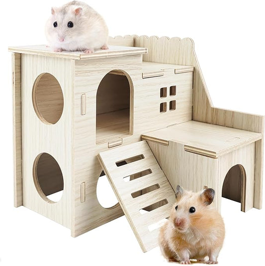 Hamster House,Tiny House with Slide House, Double-Decker Hut, Hamster Cage Accessories,Small Animal Habitat Decor for Large Hamster