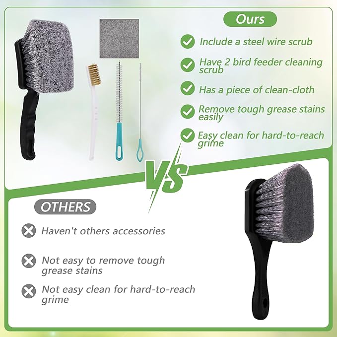 5Pcs Bird Bath Brush Kit, Larbeti 1P Hard Silk Bristle Bird Bath Cleaner Brush, 2P Hummingbird Feeder Cleaning Scrub, 1P Steel Wire Scrub, 1P Clean-Cloth to Hummingbird Feeders, Bath Feeder