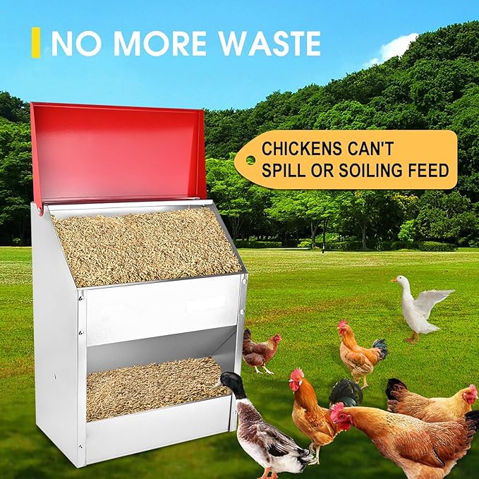 11.5-55lbs Galvanized Chicken Feeder - Rat Proof Poultry Feeder with Lid Weatherproof Outdoor Coop Food Dispenser (30lbs 13.8x8.3x17.7in)