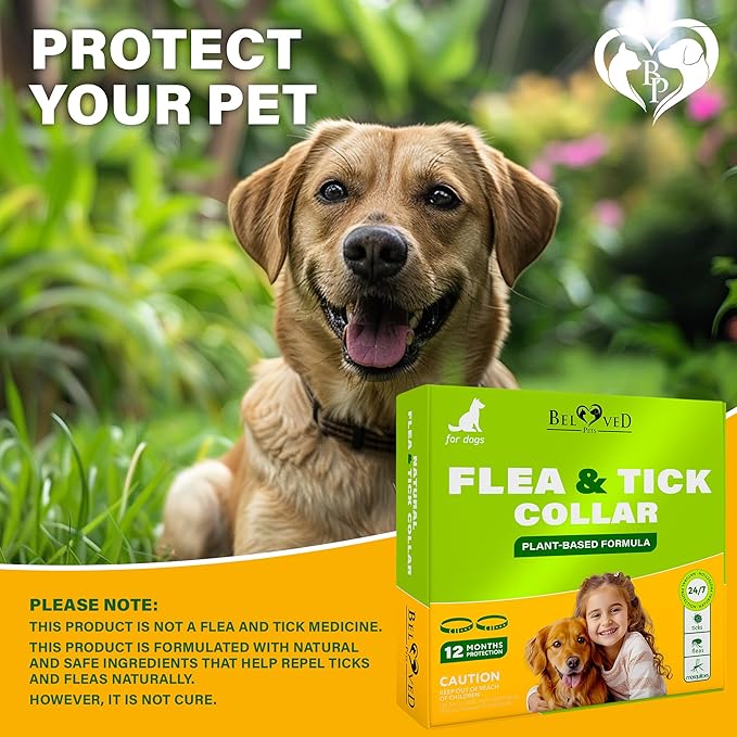 Natural Flea & Tick Repellent Collar for Dogs – Plant-Based, Waterproof, 6-Month Pest Protection – Adjustable, Safe (1 Pack, 2 Count)