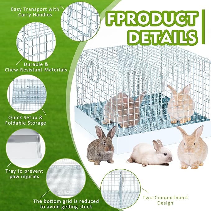 DoubleFill 2 Hole Folding Rabbit Transport Cage, Portable 18 x 18 x 14 in Bunny Carrier with Tray and Handles for Travel or Temporary Housing, Indoor Outdoor Pet Habitat Animal Enclosure