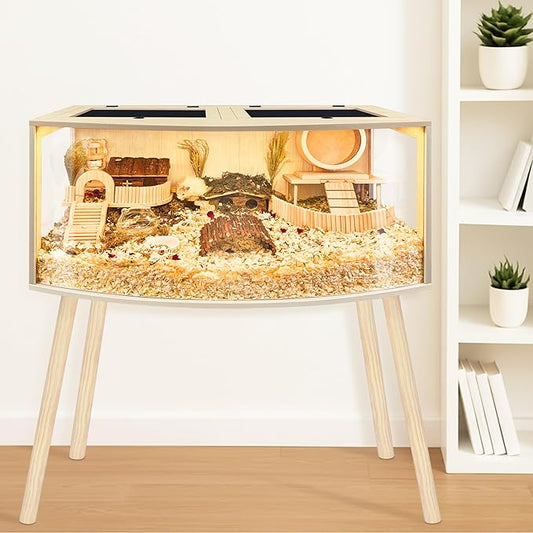 PROLEE Hamster Cage with Curved Design, Chew Proof Wooden Hamsters Enclosure with Leg Stand and Openable Top for Gerbils, Hamster Habitat (48"x20"x20")