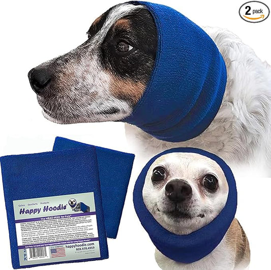 Happy Hoodie The Original Dog & Cat Calming Band - American Brand - Anxiety Relief/Noise Protection-Grooming-Thunder-Fireworks 2 Pack Blue (1 Small, 1 Large) - Since 2008