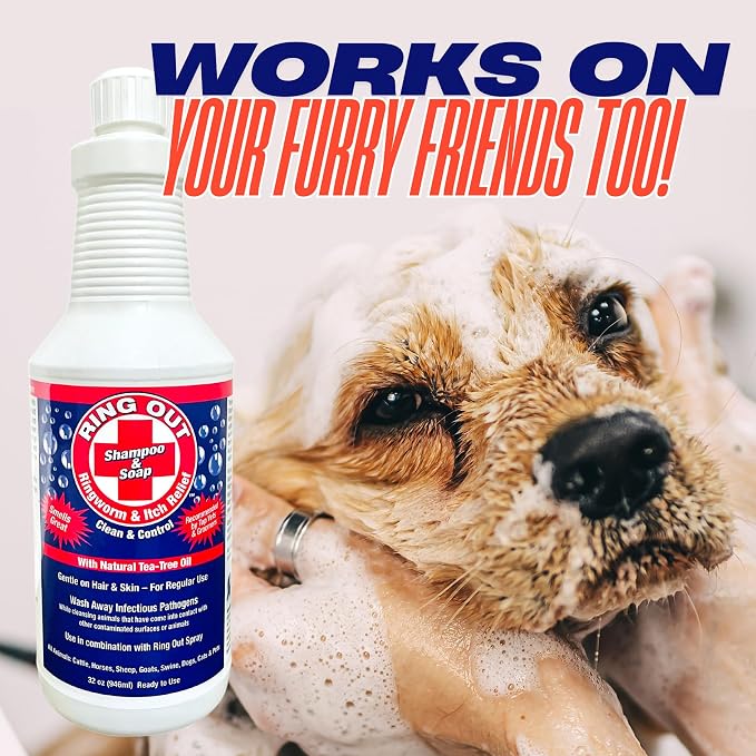 Ring Out Shampoo and Soap 32 oz - Low SUDSING Pet, Dog, Show Livestock Shampoo w/Tea Tree Essential Oil Strengthens & Promotes Health of Hair While Reducing Hair Loss & Scarring Caused by Ringworm