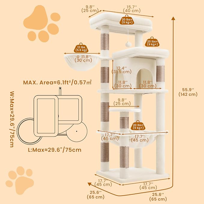 Heybly Cat Tree, 56-Inch Multi-Level Easy Climb Tower for Large Cats, Cat Furniture with 2 Perches, Cozy Hammock, Spacious Condo & Cat Basket, Durable Sisal Scratching Posts, Beige HCT028G