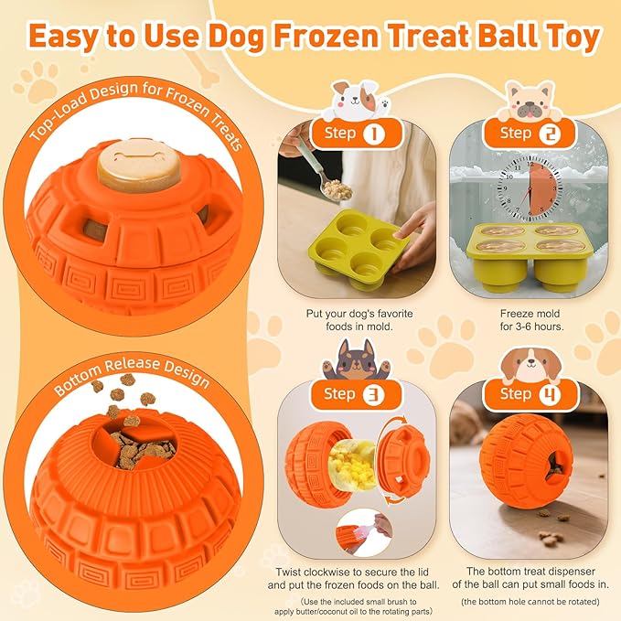 Interactive Dog Frozen Treat Toys, Dog Puzzle Enrichment Ball to Keep Them Busy, Slow Food Training, Durable Rubber Chew Dispensing Toy, Freezable Fillable Ball, for Small Medium Large Dogs (Orange)