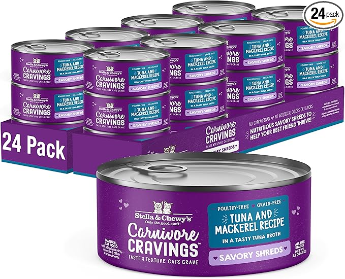 Stella & Chewy's Carnivore Cravings Savory Shreds - Wet Cat Food - High-Moisture Formula with Wild-Caught Tuna & Mackerel - Perfect for Picky Eaters - 2.8 oz, 24 Count