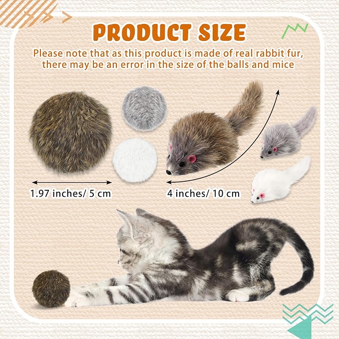 Lewtemi 24 Pcs Real Rabbit Fur Mouse Toys for Cats 12 Fluffy Rattle Mouse and 12 Fuzzy Cat Balls Realistic Fake Mice Without Catnip Interactive Kitty Toy for Pets Kitten Play