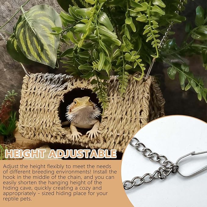 Reptile Hide Cave,Hollow Gecko Hide,Hanging Seagrass Fiber Bearded Dragon Hammock Swing Lizard Cage Climbing Toys with Suction Cups&Chains,Reptile Tank Decor with Simulation Plants-Triangle S