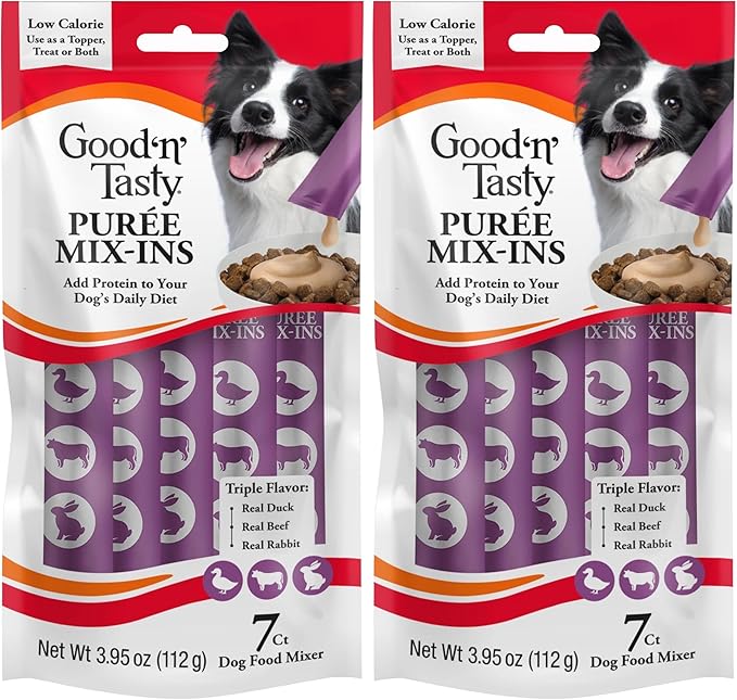 Good 'n' Tasty Triple Flavor Puree Mix-Ins Dog Food Topper Treats for All Dogs, 7 Count, Easy Single-Serve Portions, Added Protein with Duck, Beef and Rabbit, No Chicken Added (Pack of 2)