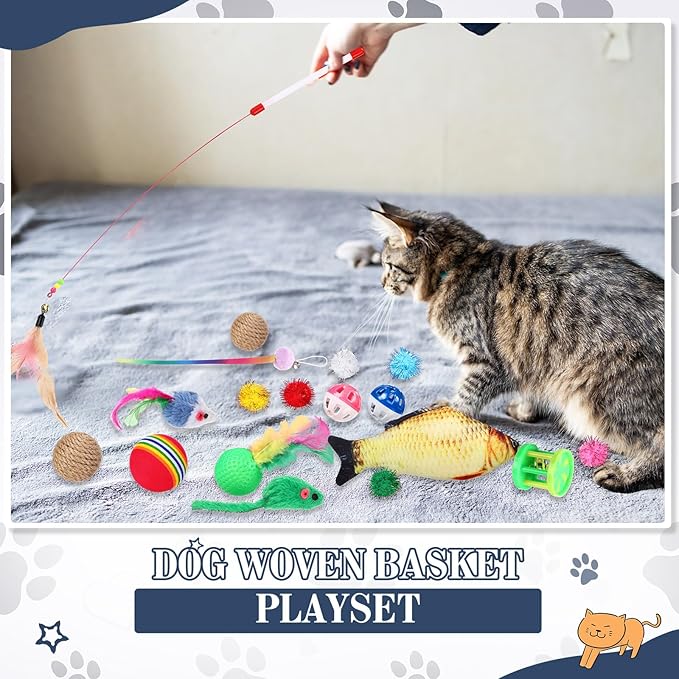 Zopeal 76 Pcs Mother's Day Cat Storage Basket Gift Toys Set Interactive Cat Toys Kitten Wand Colorful Flashing Balls Pet Crinkle Balls Attract Kitten to Swat, Hunt for Pet Indoor(Blue)
