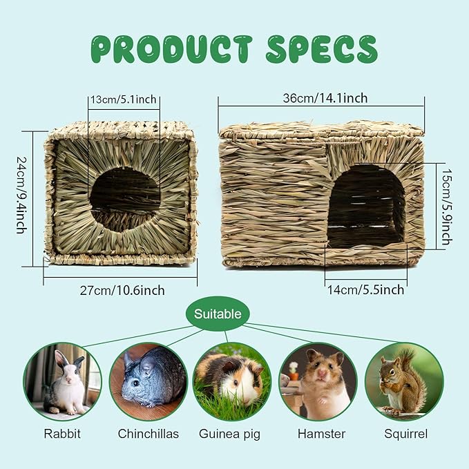 BWOGUE Extra Large Grass House for Rabbits,Hand Crafted Natural Grass Hideaway Foldable Bed Hut with Openings Playhouse for Bunny Guinea Pig Chinchilla Ferret for Play and Sleep(2 Pack)