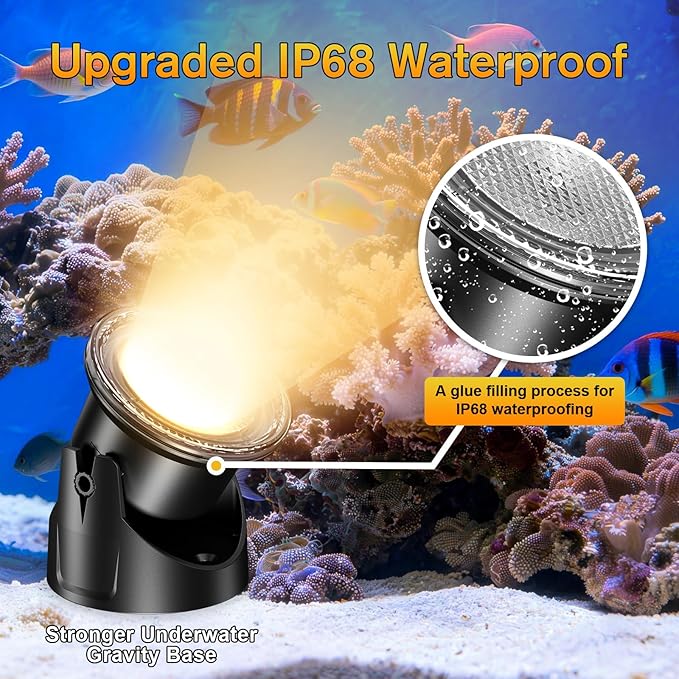 POPOSOAP LED Underwater Pond Lights 6-Head, IP68 Waterproof Pond Lights with Timer, 90° Rotatable Design & Gravity Base Fountain Lights for Pond Fountain Waterfall Aquarium Pool -P66HZ