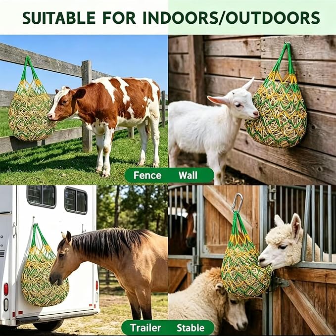 3 PCS Hay Bags for Horses with Carabiners - Heavy Duty Slow Feeder Hay Nets, 2.3-Inch Hole for Horses & Goats, Reduces Waste, Stall Trailer Pasture