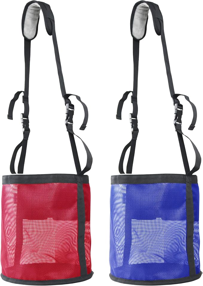 Horse Feed Bag,Heavy Duty Muzzle Feed Bag with Adjustable Strap,Comfort Neck Pad,Nose Pad and Double Waterproof Bottom Mesh Feed Bags for Horse Pack of 2 (Red+Blue)