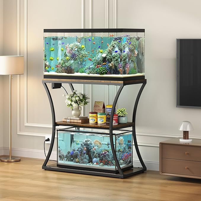 HavenlyYouth 20-29 Gallon Fish Tank Stand with Power Outlet, 3-Tier Aquarium Stand with Storage, Heavy Duty Metal Frame Tank Rack for Home Office, 31.5" L x 15.7" W x 30.4" H, Rustic Brown