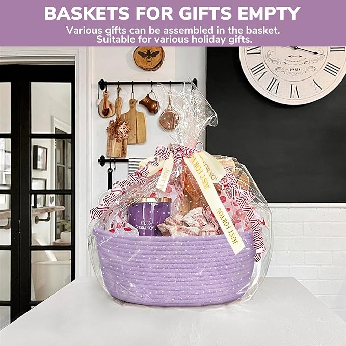 CHICVITA Gift Basket Empty, Mother's Day Basket with Bags & Ribbon, 12"x 8"x 5", Purple