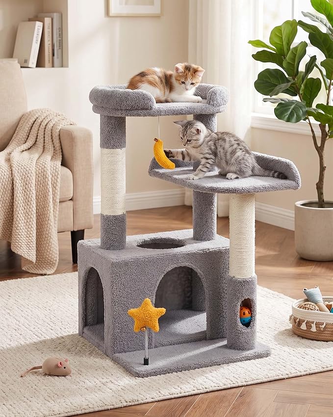 32In Cute Cat Tower for Indoor Cats with Cat Condo, Plush Platform, Hammock, Sisal Scratching Posts, Dangling Ball, Tall Cat Tree Tower with Self-Grooming Brush (Light Grey)
