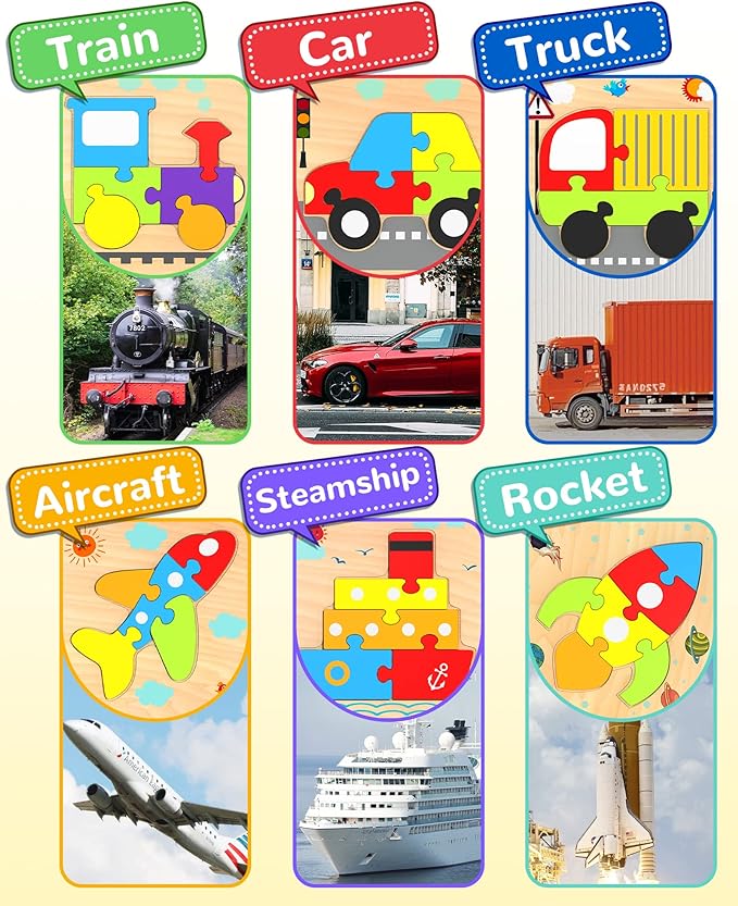 Yetonamr Wooden Toddler Puzzles Gifts Toys for 1 2 3 Years Old Boys Girls, 6 Vehicle Shape Montessori Toys Educational Blocks Kids Toys Gift Baby Learning Toy Age 1-3, 2-4