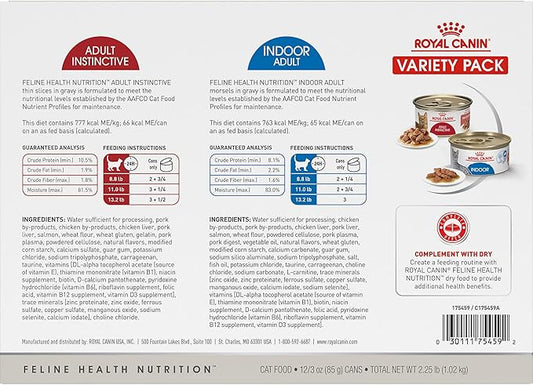 Royal Canin Feline Health Nutrition Indoor Adult & Adult Instinctive Thin Slices in Gravy and Morsels in Gravy Variety Pack Cat Food, 3 oz (Pack of 12)