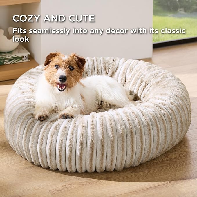 Bedsure ComfyFleece™ Donut Medium Dog Bed - Washable Faux Fur with Corduroy Fleece & Anti Slip Bottom, Round Pet Bed with Removable Cover, Amphora, 30x30x8 inches