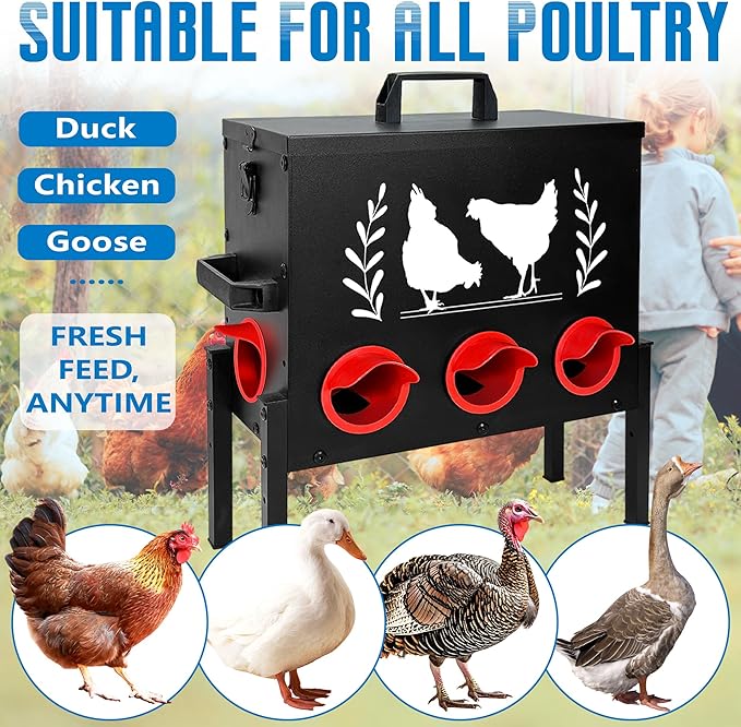 No Waste Automatic Chicken Feeder (50 LB), Rodent Resistant Metal Poultry Feeder with Locking Lid, Adjustable Stand & 8 Ports, Heavy Duty Weatherproof Feed Box for Hens, Ducks