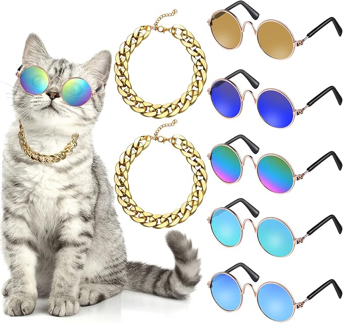 Weewooday 7 Pcs Dog Sunglasses Cats Sunglasses with 2 Gold Chain Retro Round Metal Glasses Funny Cute Cosplay Costume for Small Pet(Fresh Colors,Delicate Style)