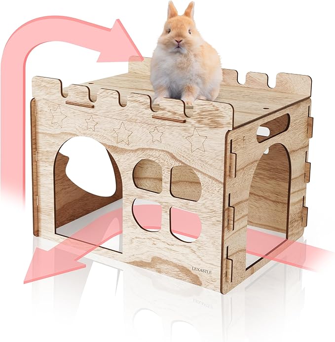 Larger Bunny Castle Sturdy Walnut Color Wooden Rabbit Hideout for Bunnies Guniea Pigs Ferrets Chinchillas Hamsters LXUS (Single Castle)