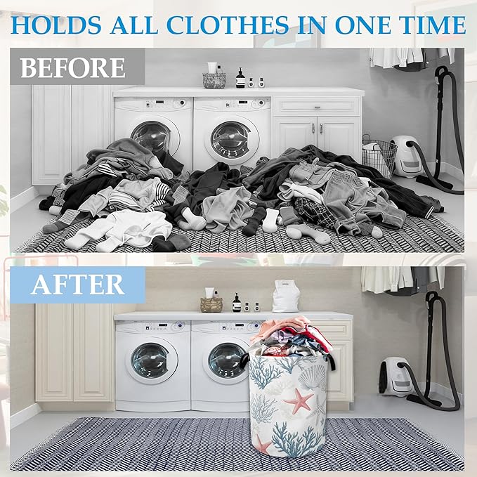 Seashell Starfish Ocean Laundry Basket Collapsible Laundry Hamper with Handle, Oxford Clothes Toy Storage Bin for Bathroom Bedroom Room Decor 16" X 20.8"